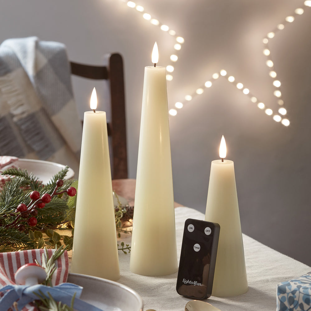 TruGlow® LED Kerzen Echtwachs Trio Kegelform elfenbeinfarben mit Fernbedienung