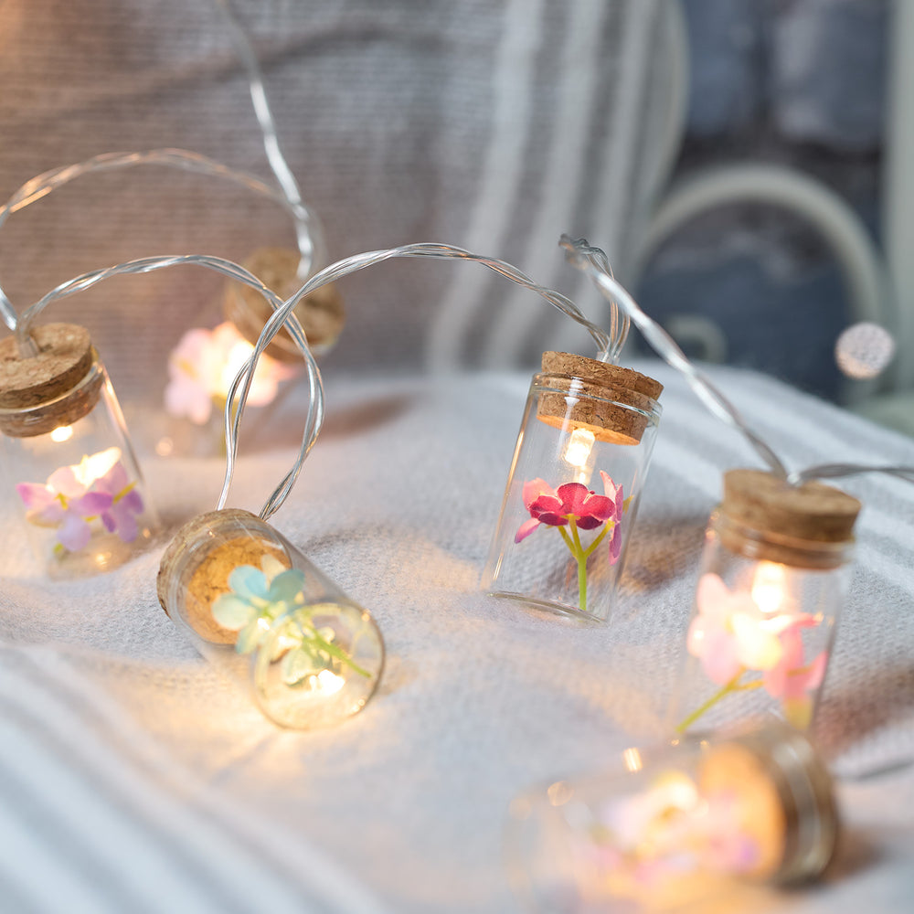 10er LED Lichterkette Gläser mit Blumen