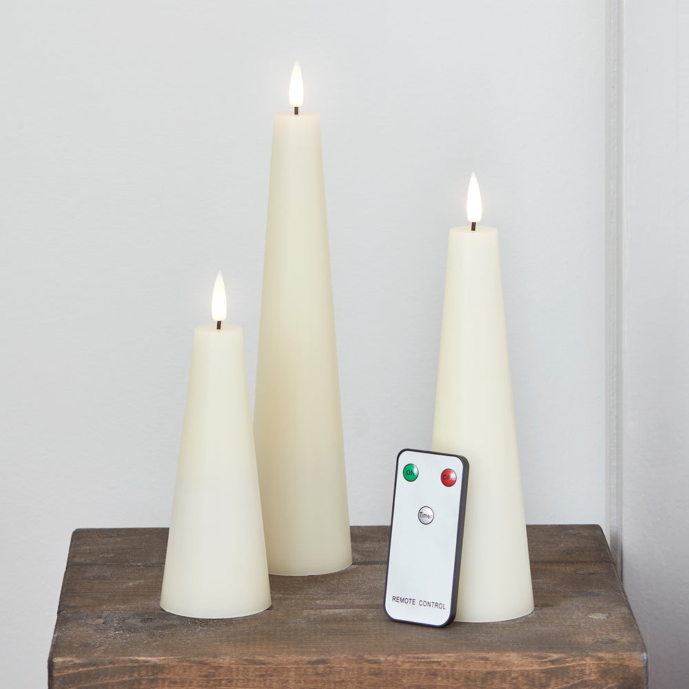 TruGlow® LED Kerzen Echtwachs Trio Kegelform elfenbeinfarben mit Fernbedienung