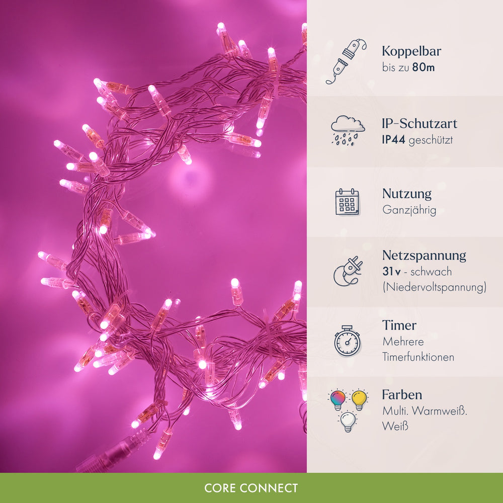 Core Connect 10m 100er LED Lichterkette pink koppelbar transparentes Kabel