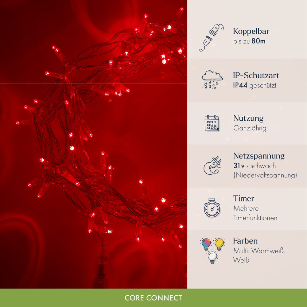 Core Connect 10m 100er LED Lichterkette rot koppelbar transparentes Kabel