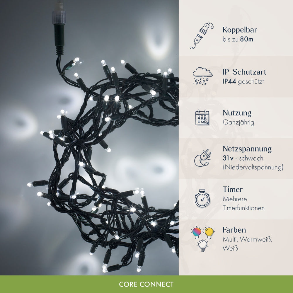 Core Connect 10m 100er LED Lichterkette weiß koppelbar grünes Kabel