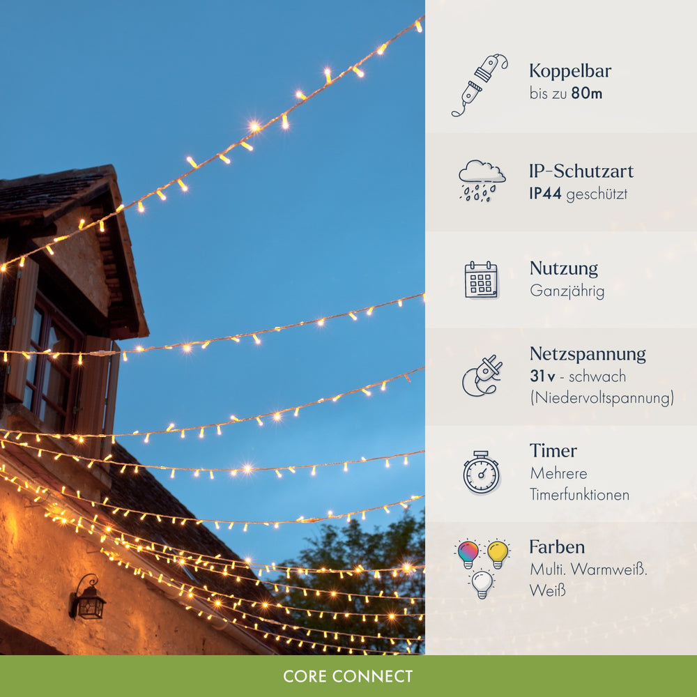 Core Connect 10m 100er LED Lichterkette warmweiß koppelbar transparentes Kabel