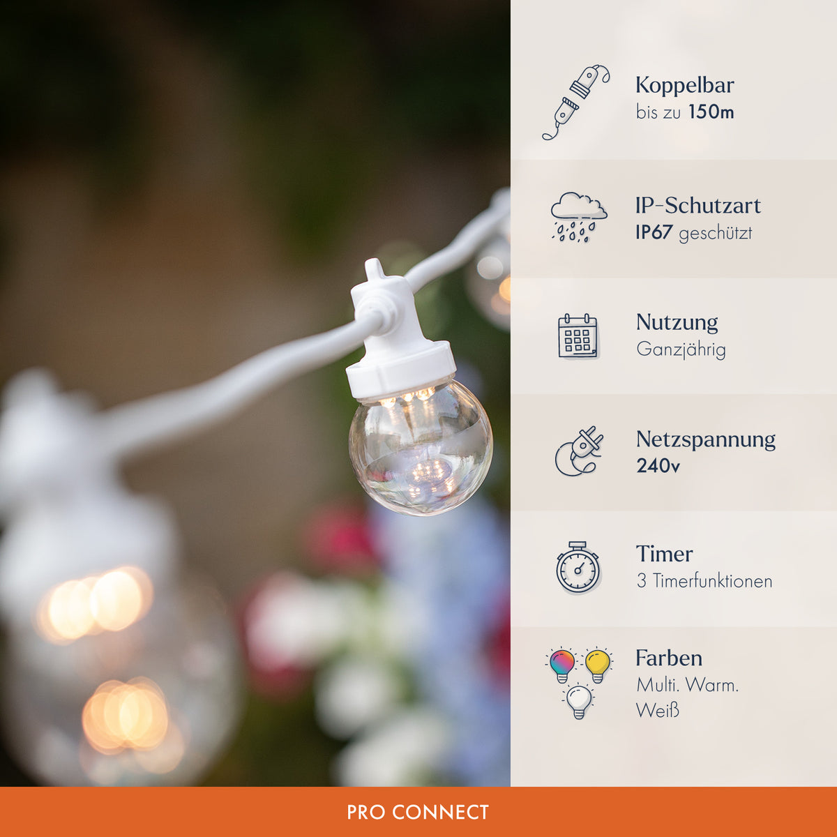 Pro Connect von 5m 10er Party Lichterkette warmweiß transparente Birnen koppelbar weißes Kabel