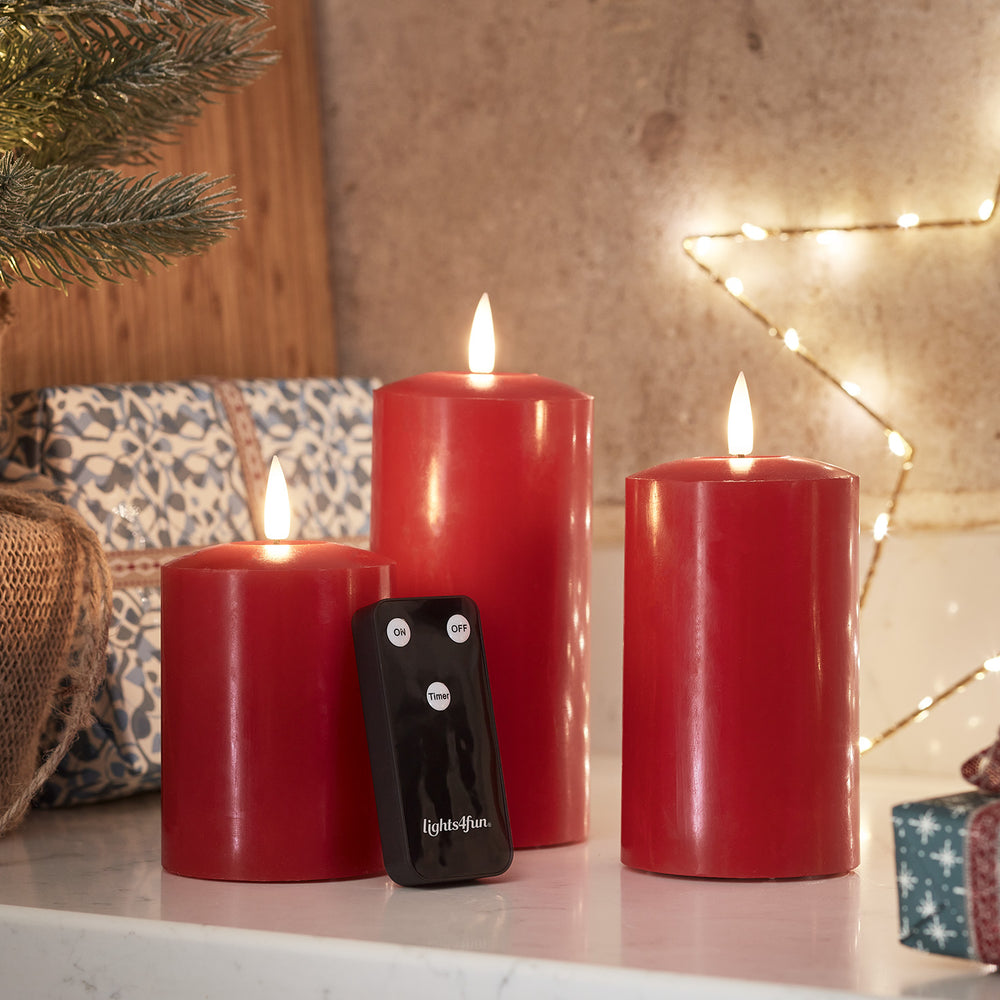 TruGlow® LED Kerzen Echtwachs Trio rot mit Fernbedienung