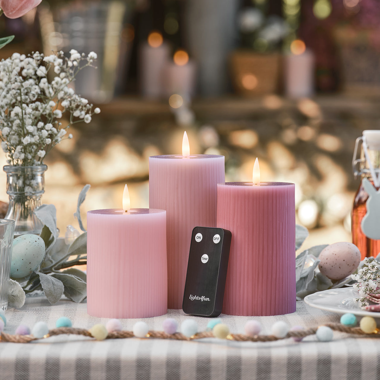 TruGlow® LED Kerzen Echtwach Trio geriffelt rosa