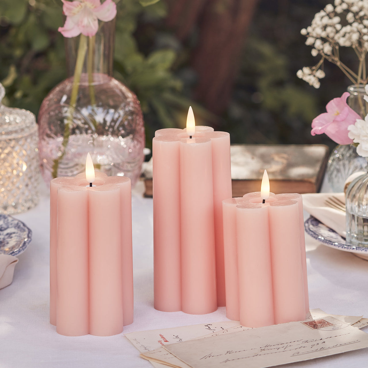 TruGlow® LED Kerzen Trio rosa Blumen