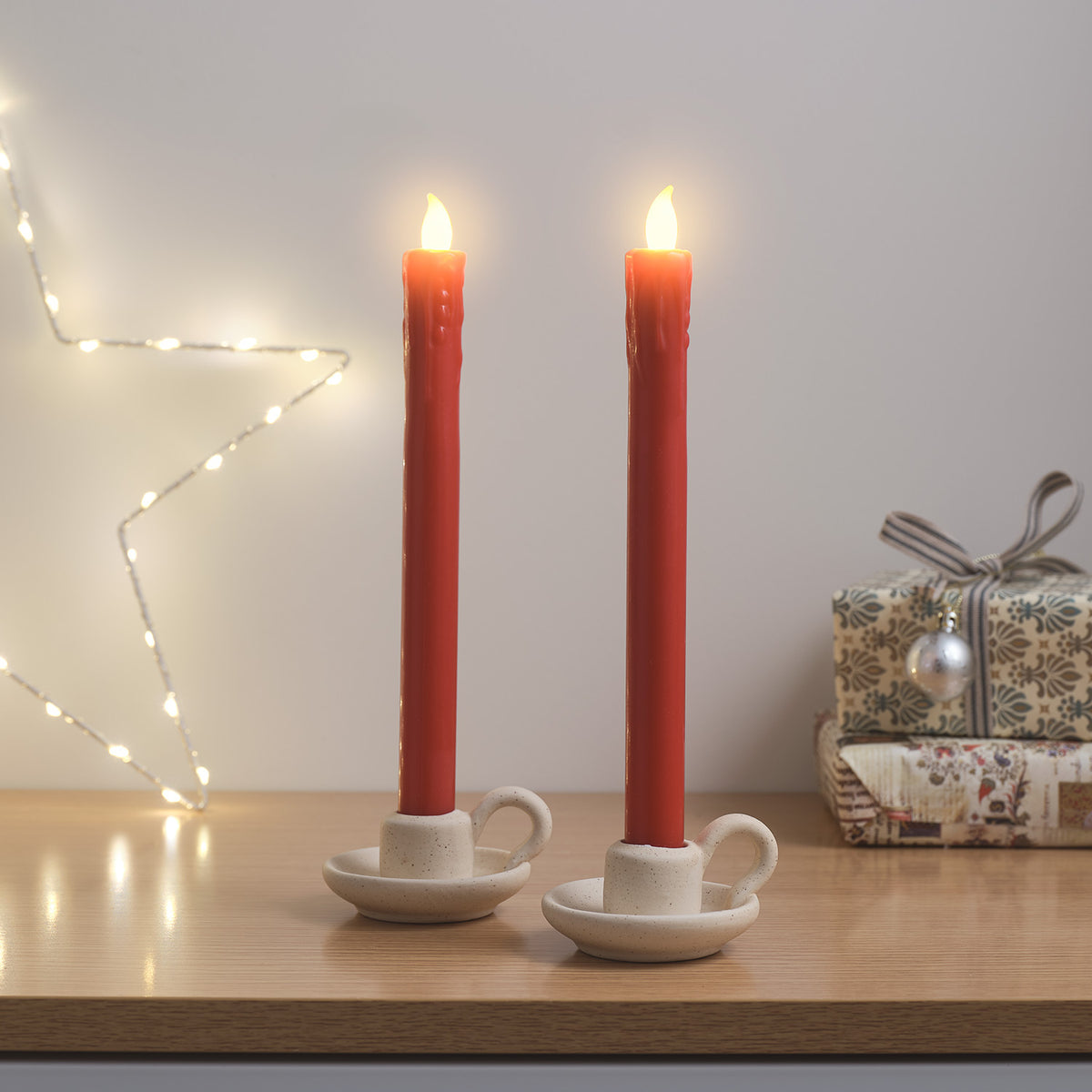 2er Set LED Tafelkerzen Echtwachs Rot