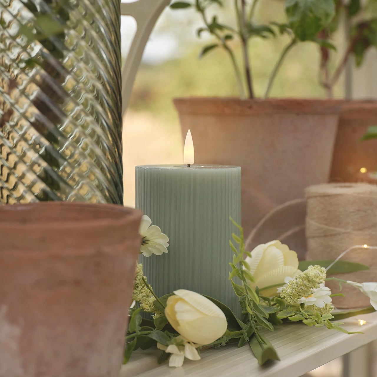 3er Set TruGlow® LED-Stumpenkerzen salbeigrün
