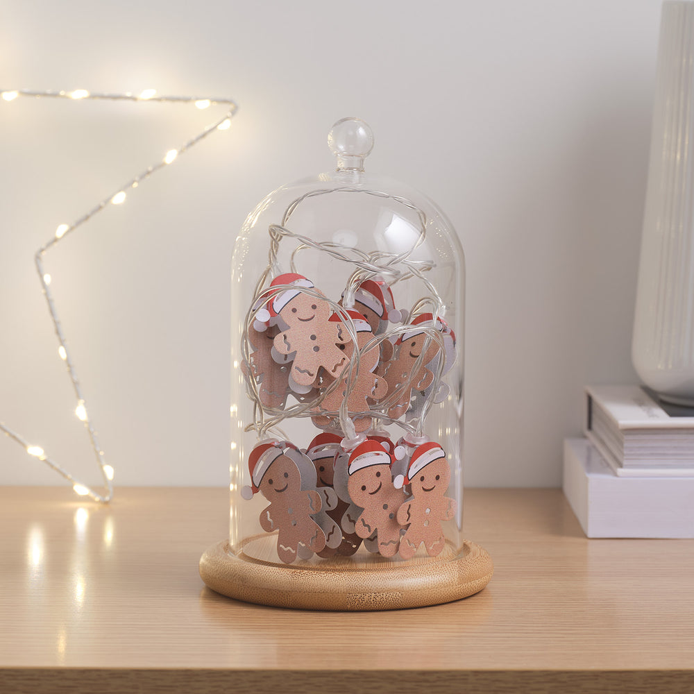 Glasglocke mit Mikro-Lichterkette & Lebkuchenmännchen-Set