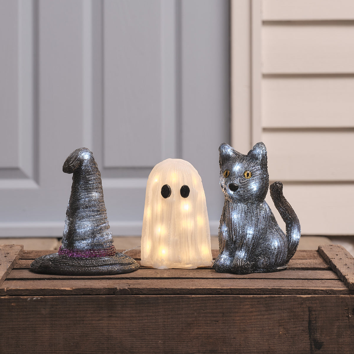 3er Set LED-Halloween-Figuren aus Acryl mit Timer – Geist, Hexenhut & Katze Jet