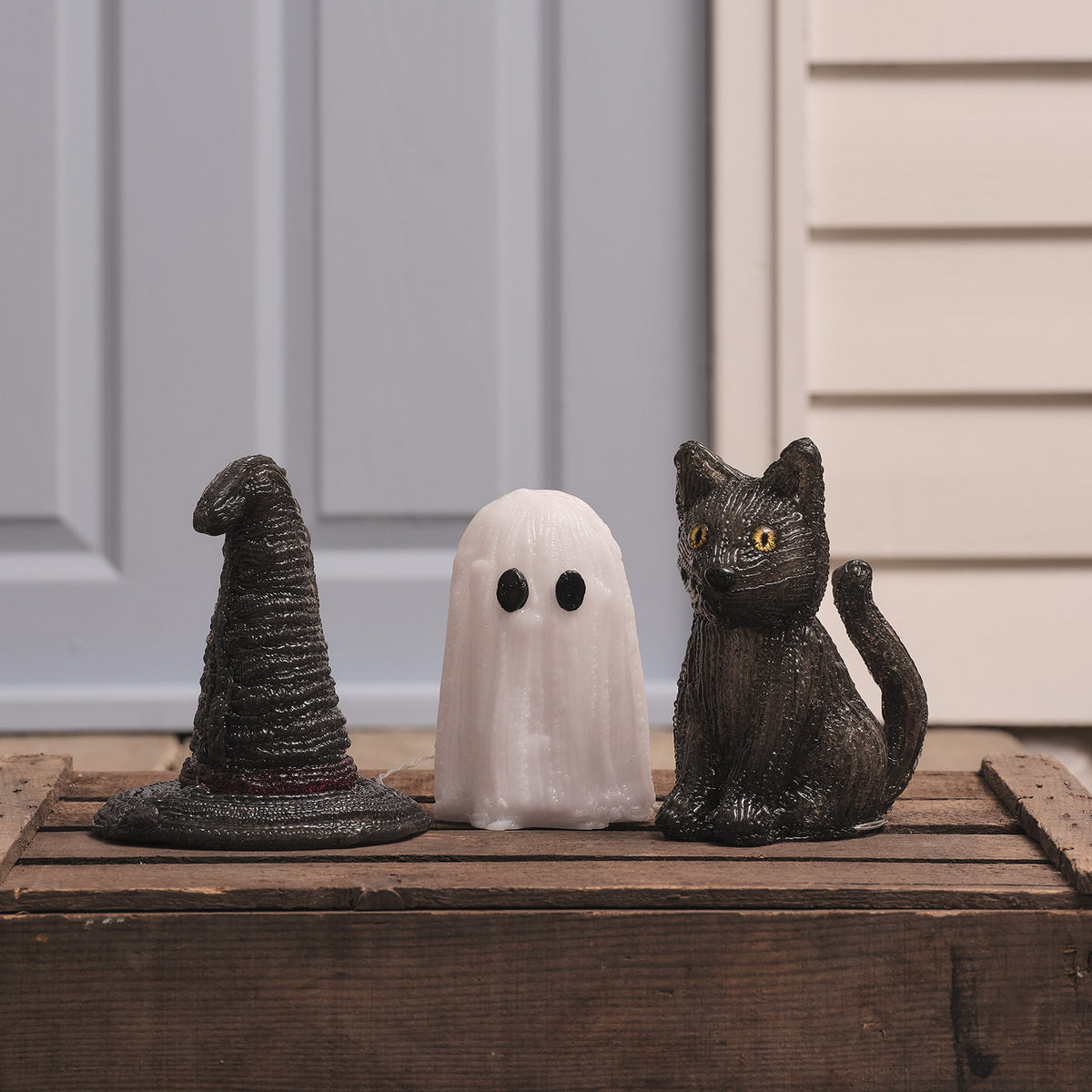 3er Set LED-Halloween-Figuren aus Acryl mit Timer – Geist, Hexenhut & Katze Jet unbeleuchtet