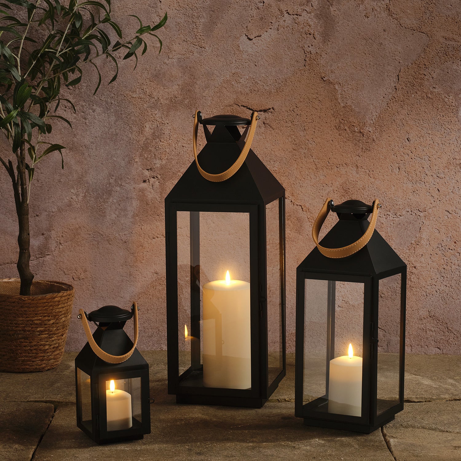 3er Set „Brixham“ TruGlow® LED-Laternen mit Ledergriff