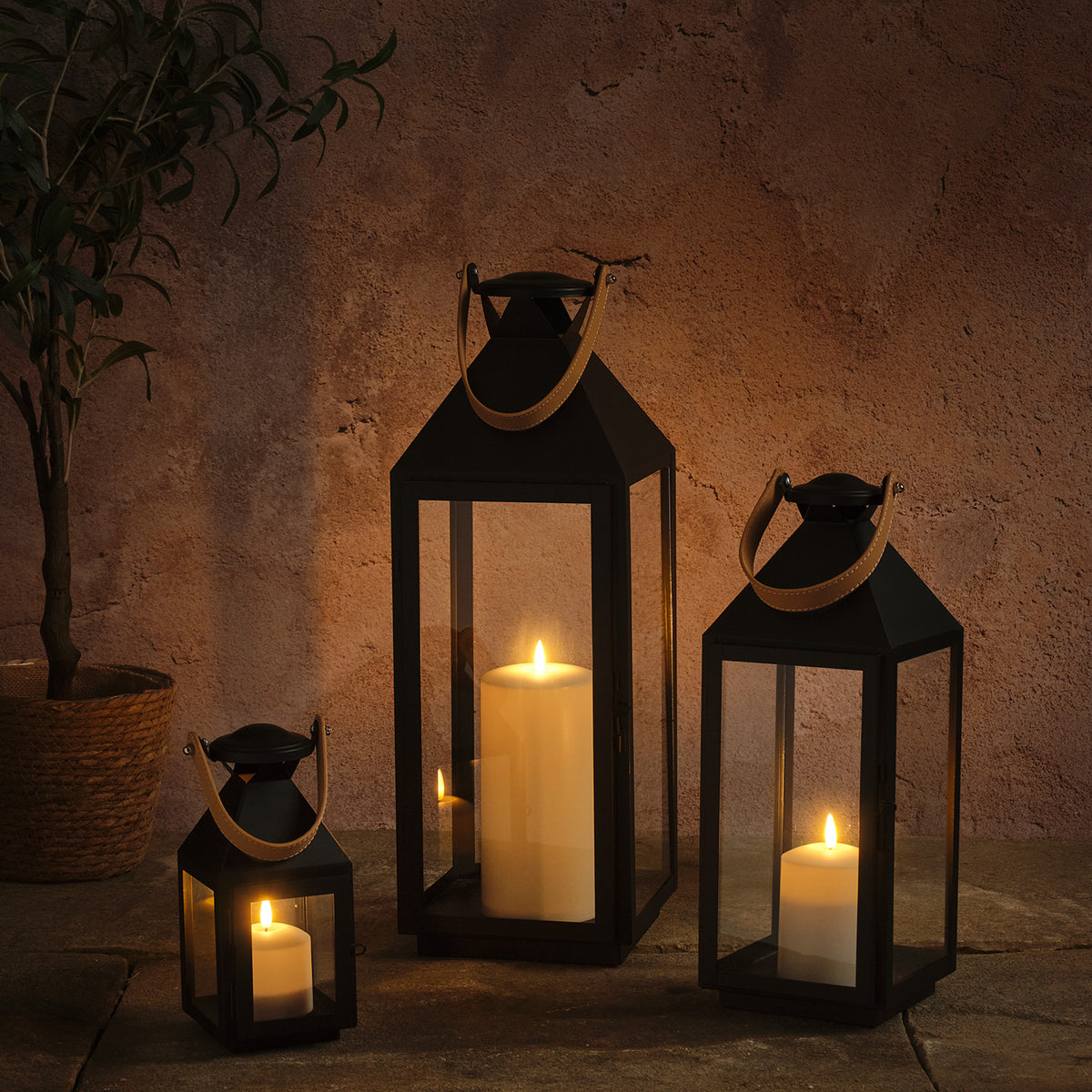 3er Set „Brixham“ TruGlow® LED-Laternen mit Ledergriff