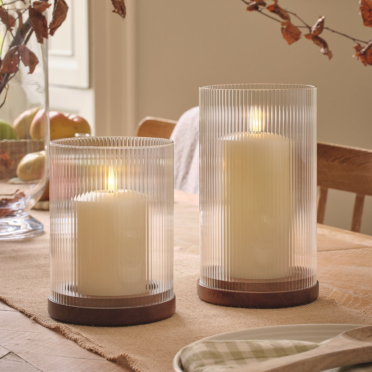 2er Set TruGlow® LED-Windlichter aus geriffeltem Glas mit Fernbedienun