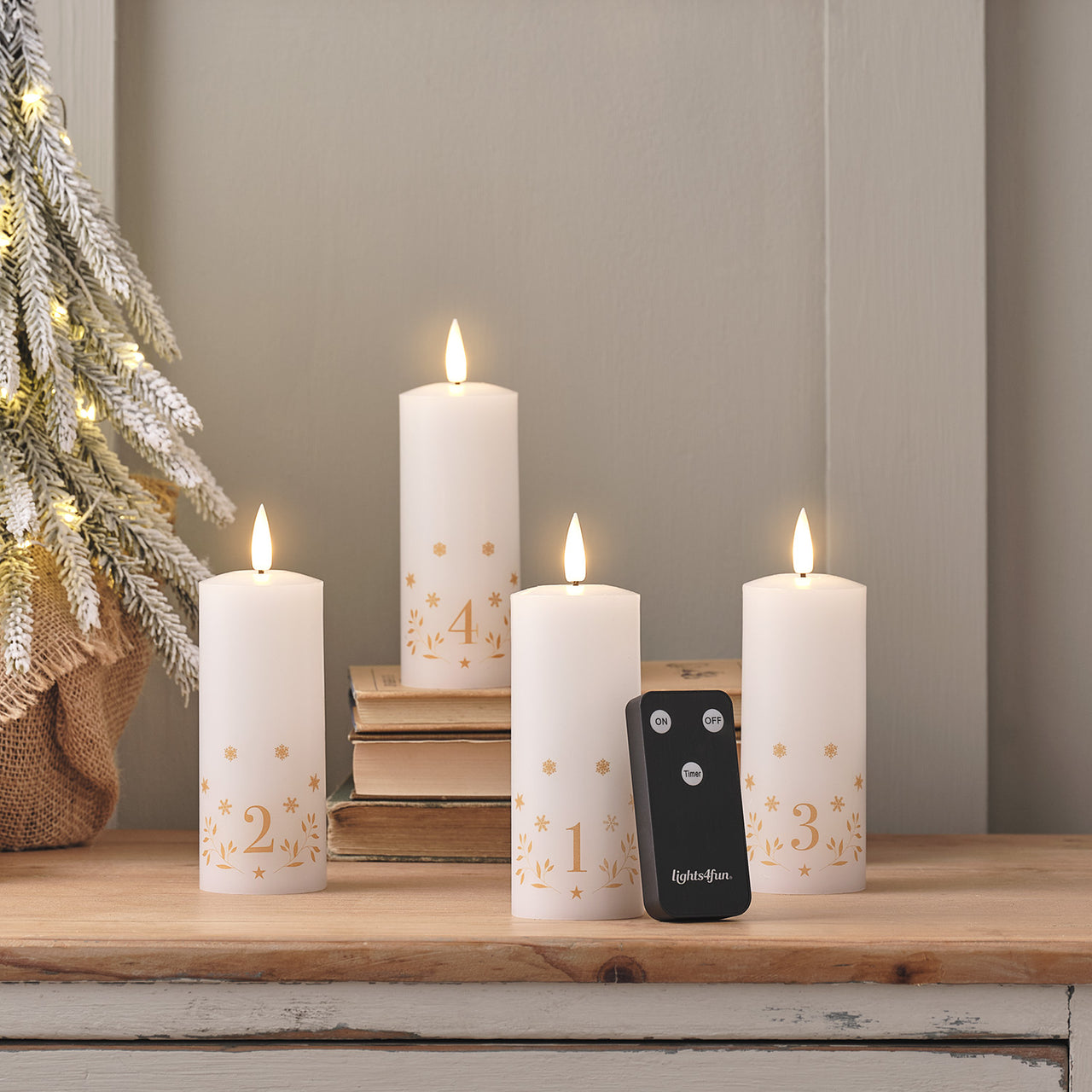 50cm Mistelzweig Weihnachtskranz beleuchtet inkl. Kerzenständer & 4er Set TruGlow® LED Adventskerzen