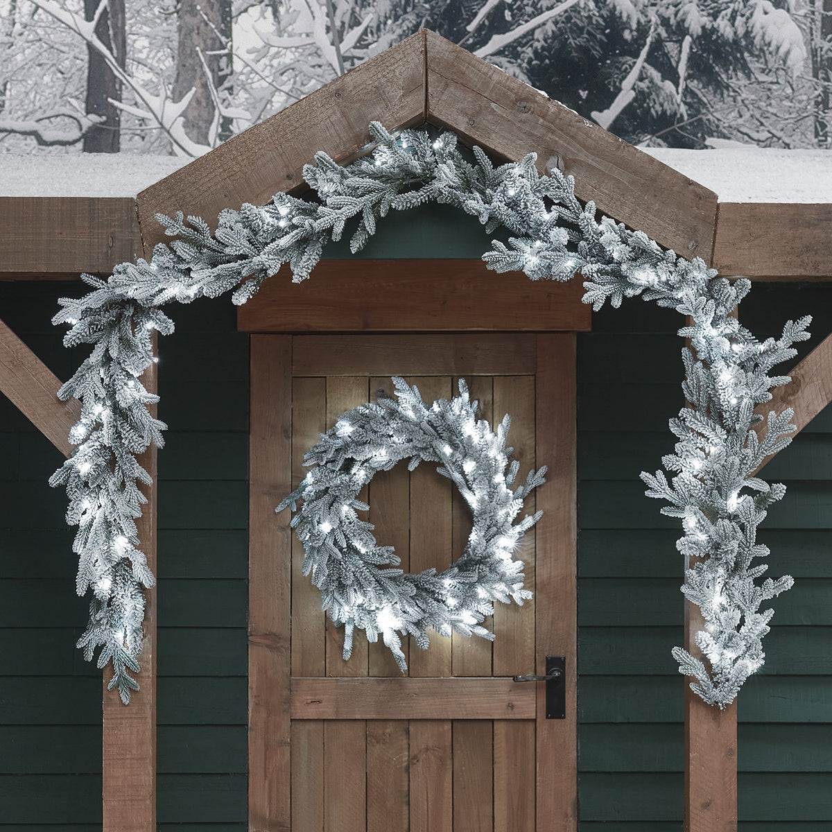 60cm verschneiter Outdoor-Kranz und Weihnachtsgirlande mit Beleuchtung