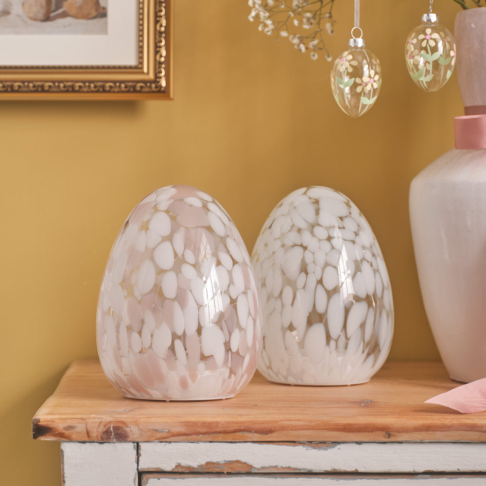 2er Set LED Ostereier aus Glas mit Konfetti‑Effekt & Timer in Rosa/Weiß