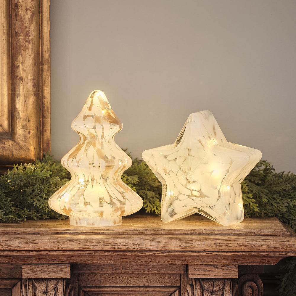 2er Set LED-Weihnachtsdeko aus Glas mit Stern und Baum in Champagner und Weiß