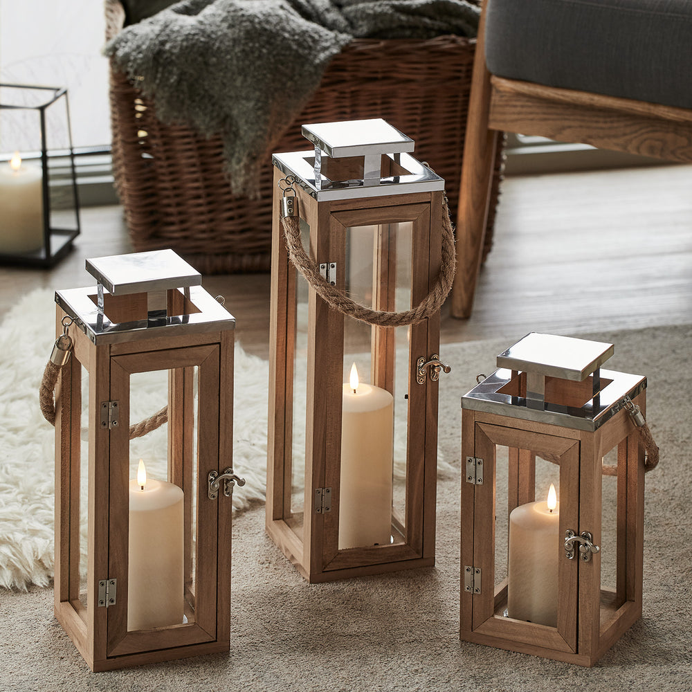 3er Set Salcombe Holz LED Laternen mit TruGlow® Kerzen