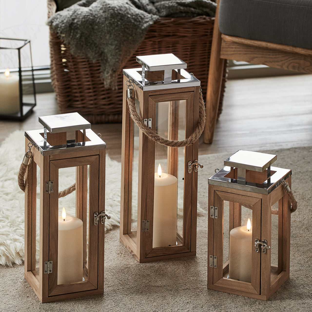 3er Set Salcombe Holz LED Laternen mit TruGlow® Kerzen