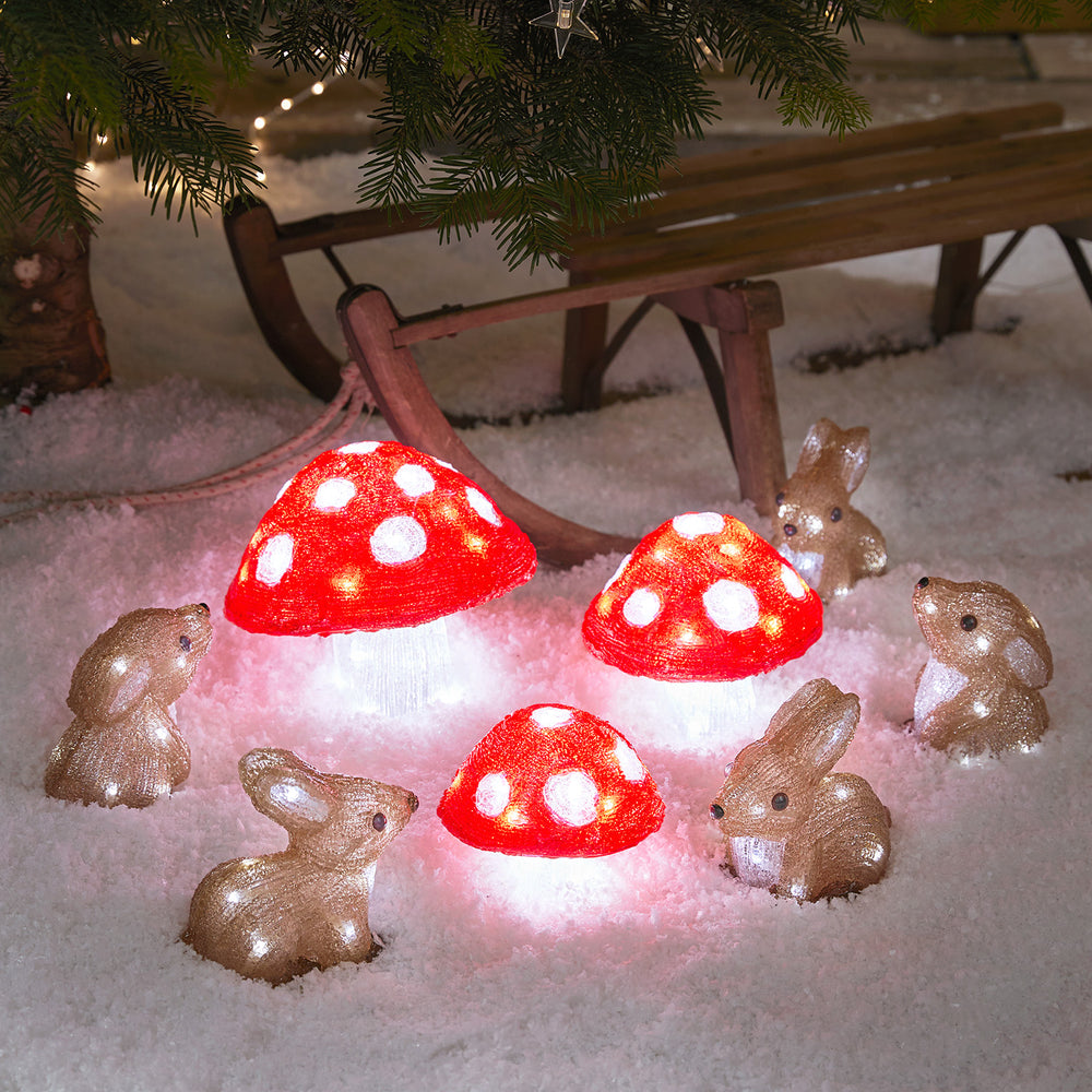 Acryl LED Weihnachtsfiguren außen Fliegenpilze und Hasen