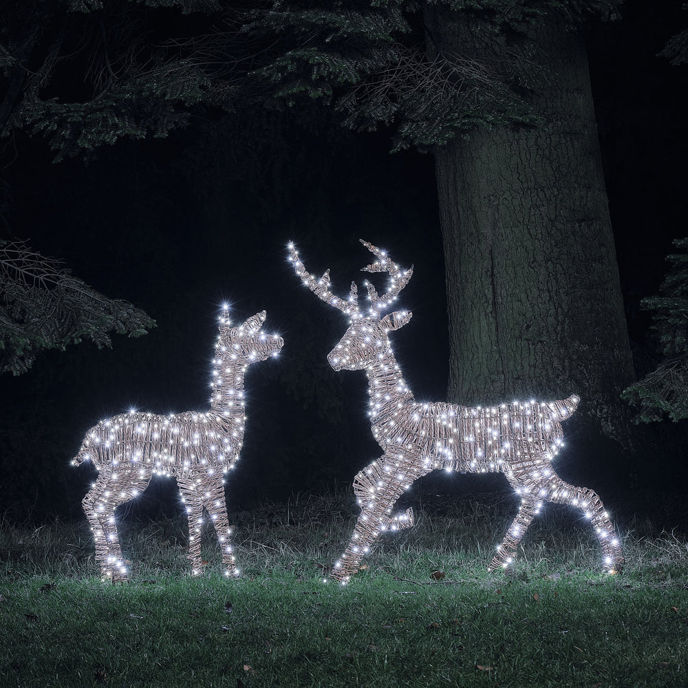 2er Set Pateley Bicolor LED-Rentiere Hirsch und Hirschkuh in Rattanoptik