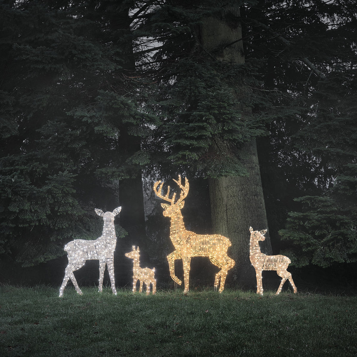 4er Set Leyburn Rattan LED-Rentier-Familie mit Bicolor-LEDs für den Außenbereich