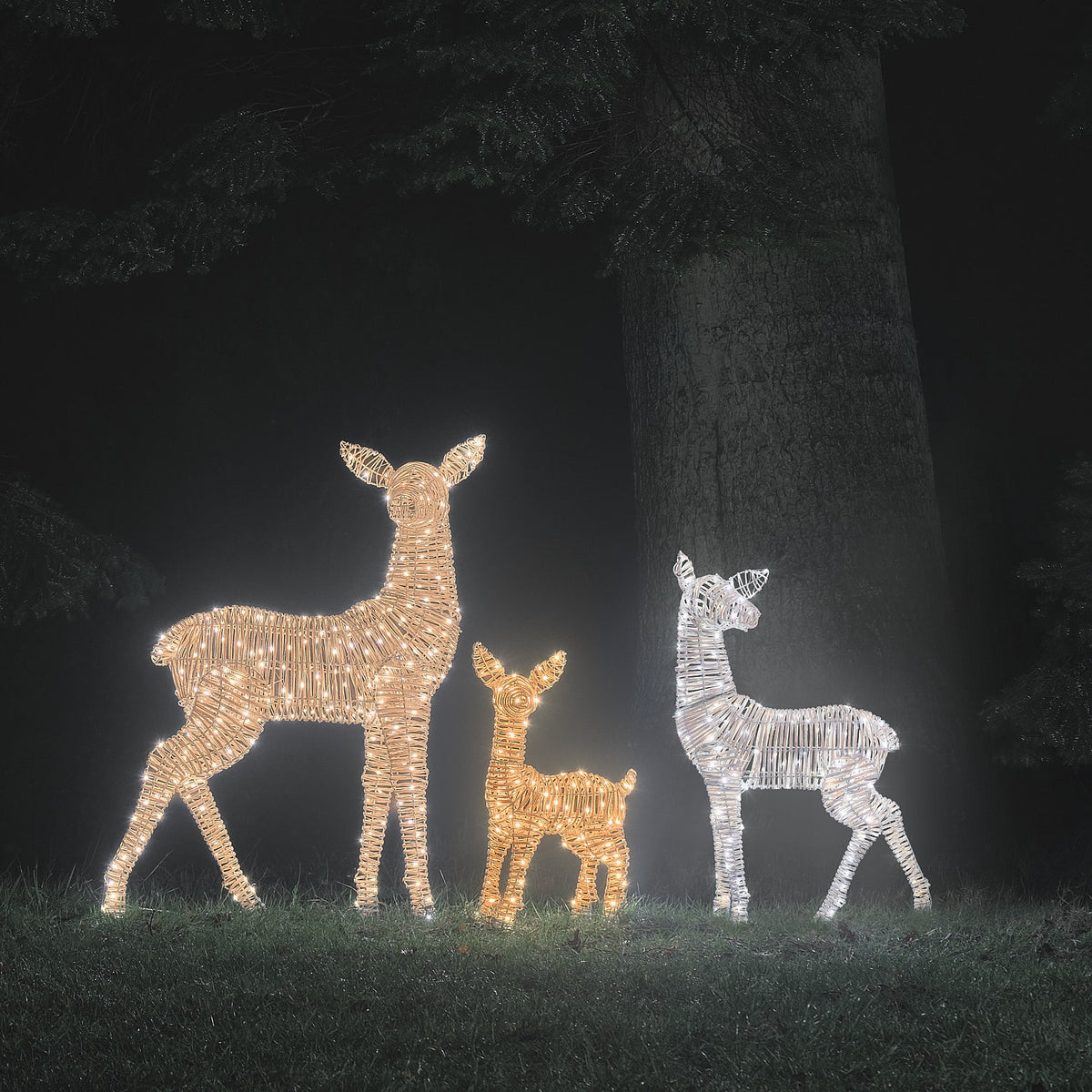 3er Set Leyburn Bicolor LED-Rentierfamilie in Rattanoptik für den Außenbereich