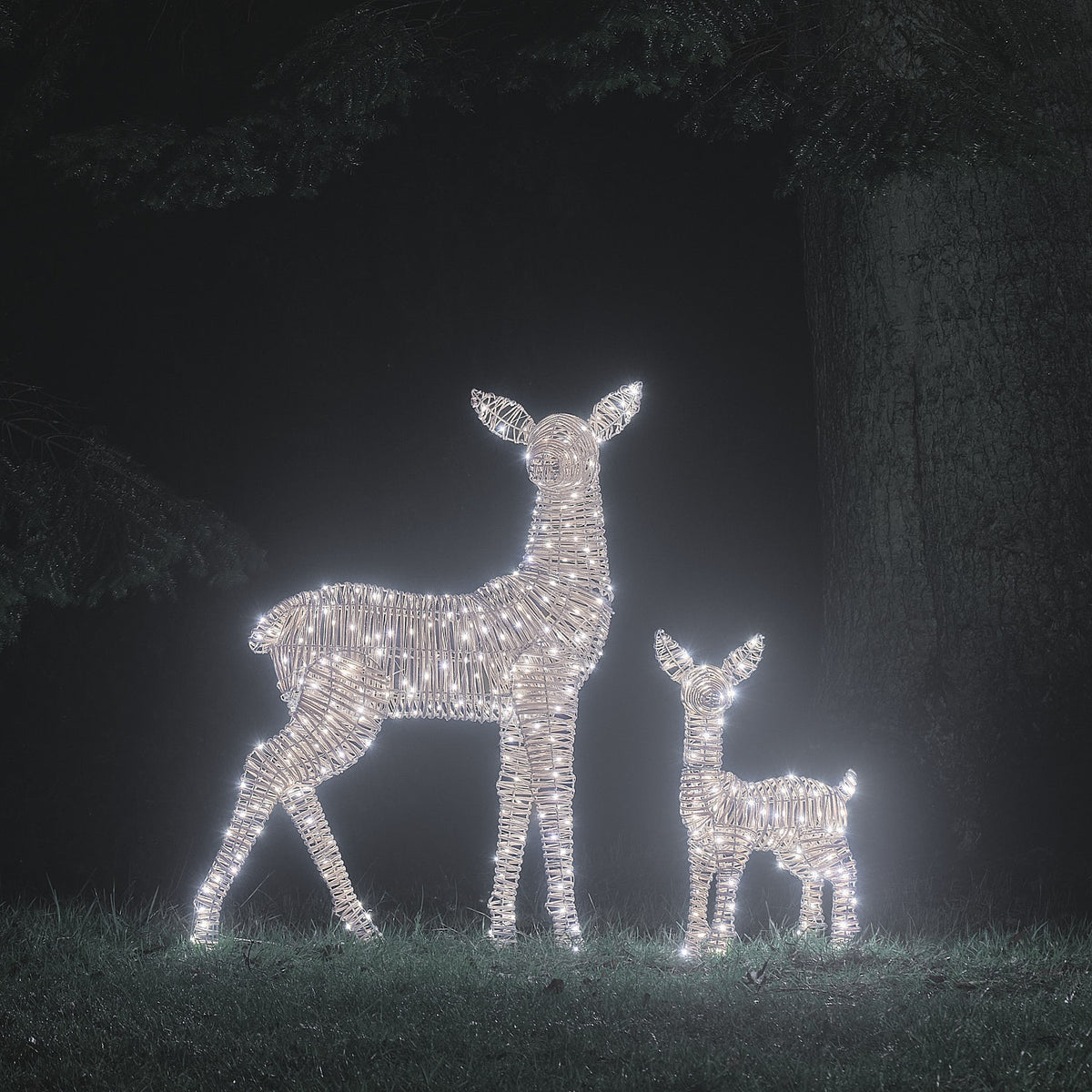 2er Set Leyburn Rattan LED-Rentiere Hirschkuh XL und Rehkitz mit 510 Mikro-LEDs und Timer