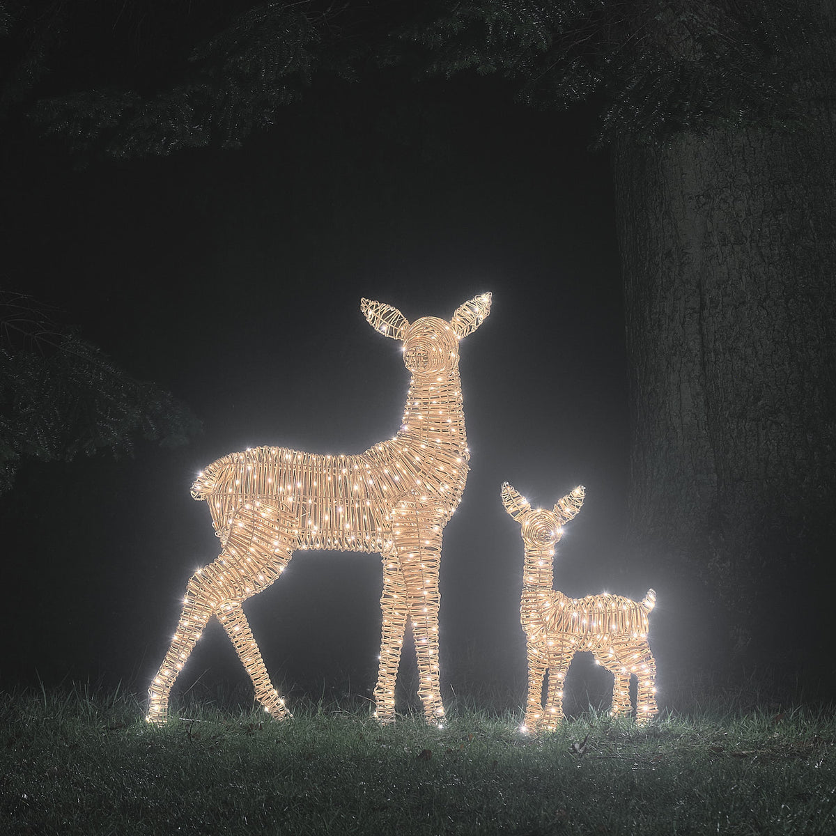 2er Set Leyburn Rattan LED-Rentiere Hirschkuh XL und Rehkitz mit 510 Mikro-LEDs und Timer