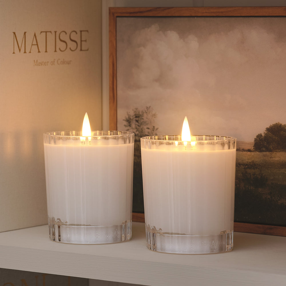 2er Set TruGlow® LED-Kerzen im geriffelten Glas mit Fernbedienung in Weiß