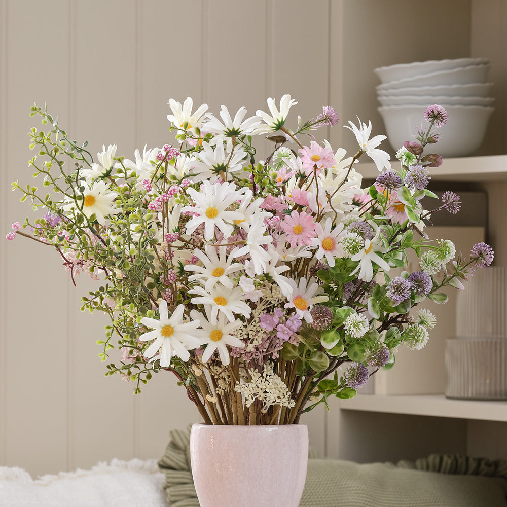 3er Set Kunstblumensträuße „Daisy Dreams“ mit Keramikvase 30 cm in Rosé