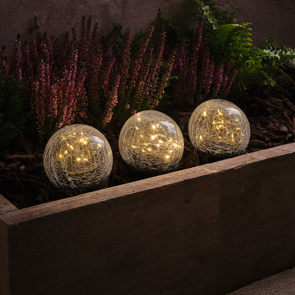 3er Set Solar-Gartenstecker Glaskugeln im Crackle-Look mit 60 warmweißen LEDs