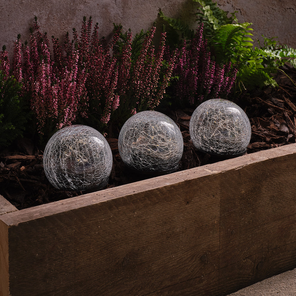 3er Set Solar-Gartenstecker Glaskugeln im Crackle-Look mit 60 warmweißen LEDs