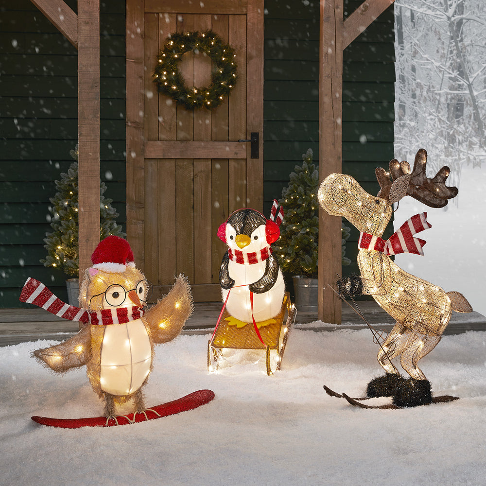 LED Weihnachtsfiguren außen Pinguin, Eule und Elch