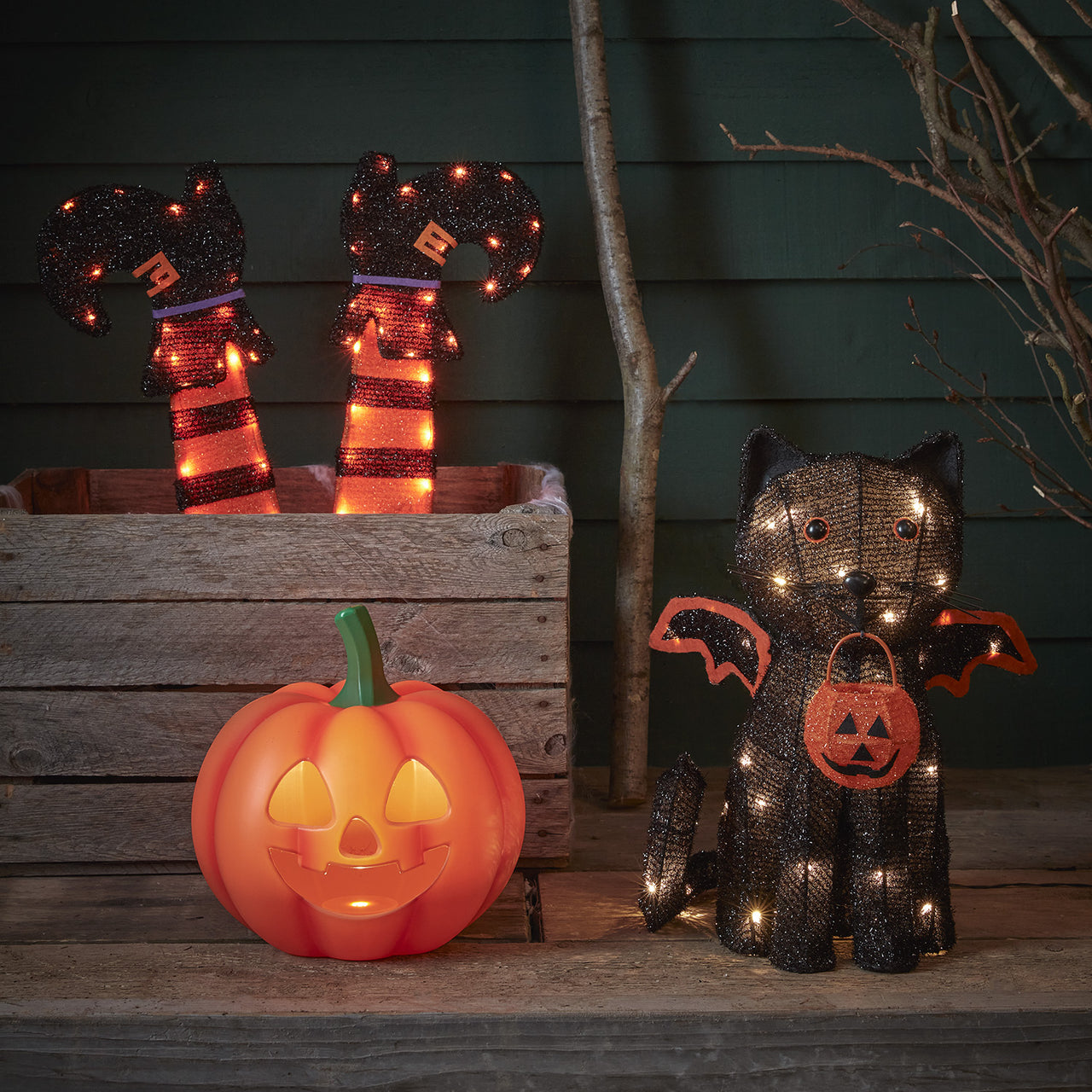 Halloweendeko außen Fledermaus-Katze Batteriebetrieb