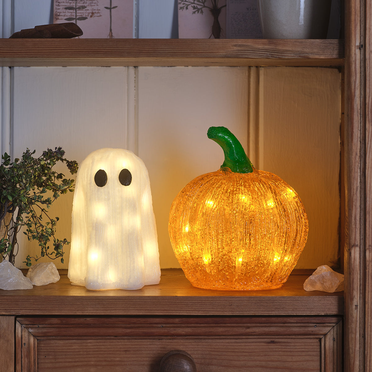 Leucht-Set aus Acryl-Geist & Mini-Kürbis für Halloween
