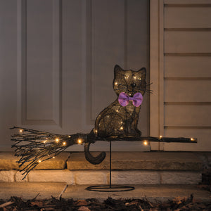 LED-Halloween-Katze auf Besen mit Timer für den Außenbereich