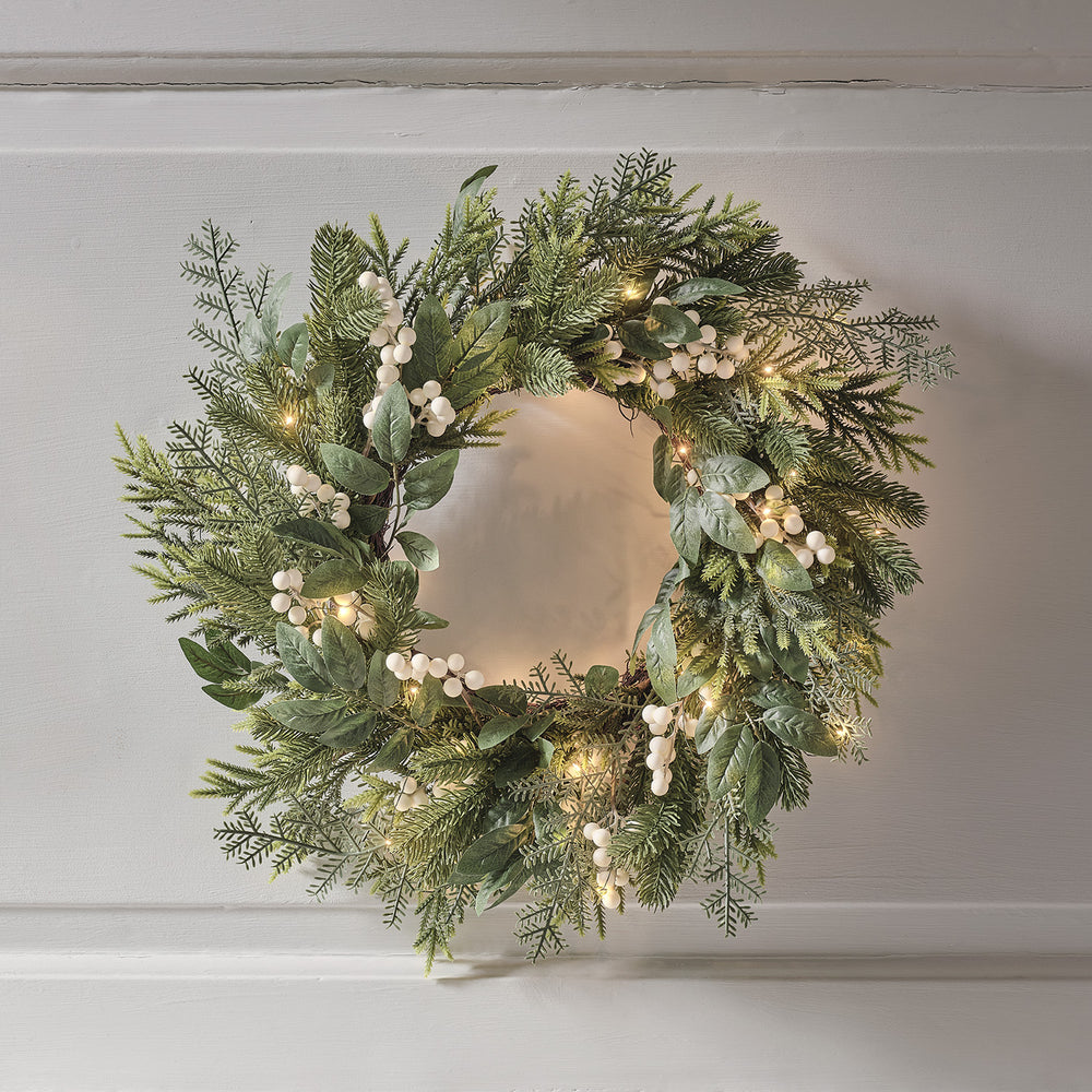 40cm Weihnachtskranz weiße Beeren mit Beleuchtung