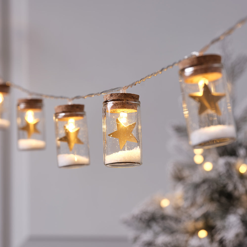 10er LED Lichterkette Laterne mit Stern aus Glas gold
