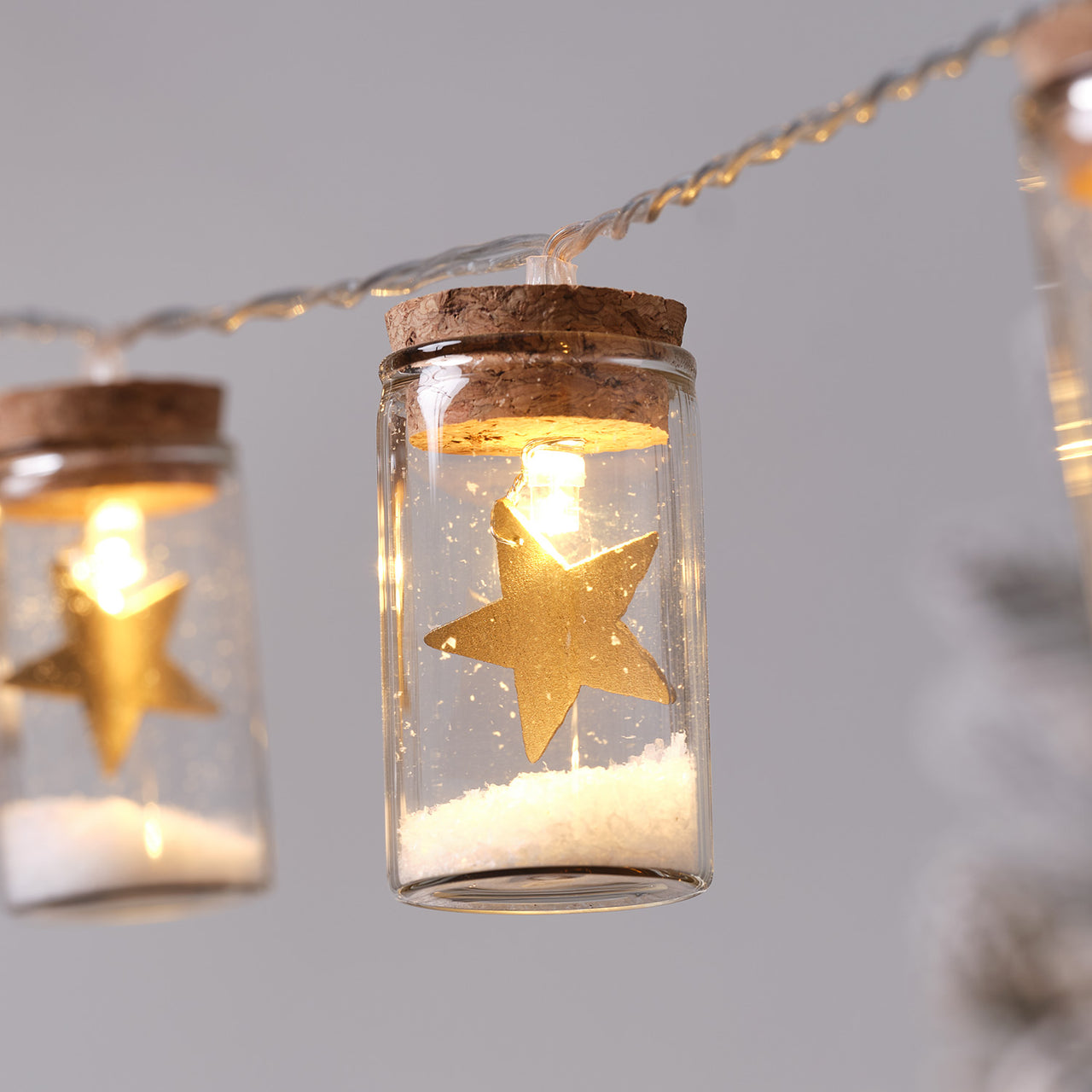 10er LED Lichterkette Laterne mit Stern aus Glas gold