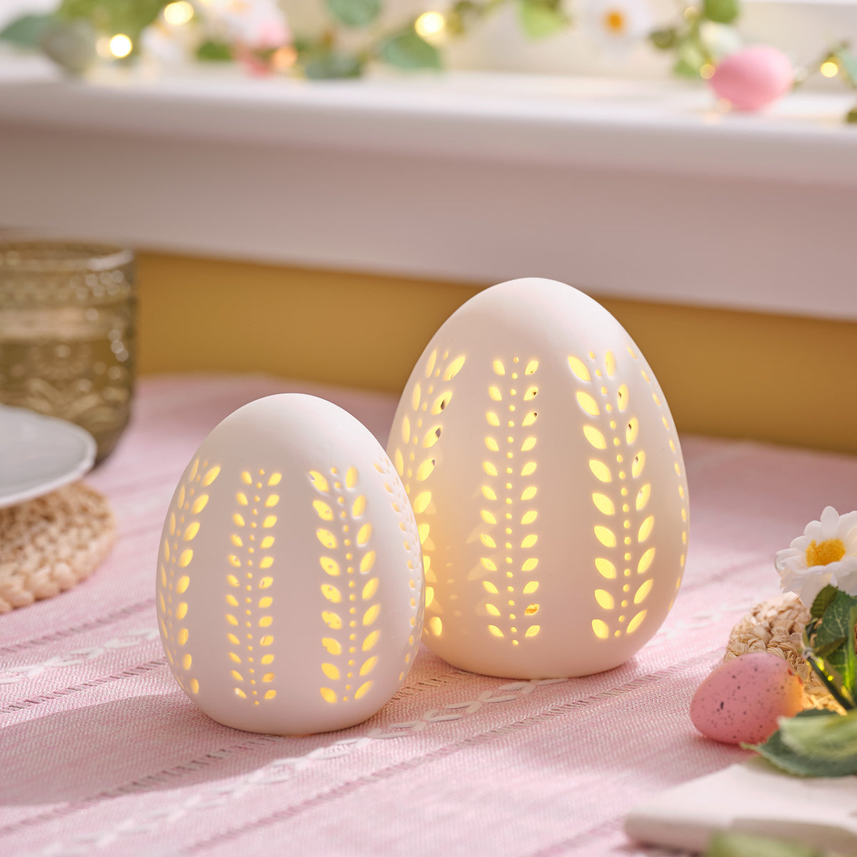 2er Set LED-Porzellan-Eier warmweiß mit Timer