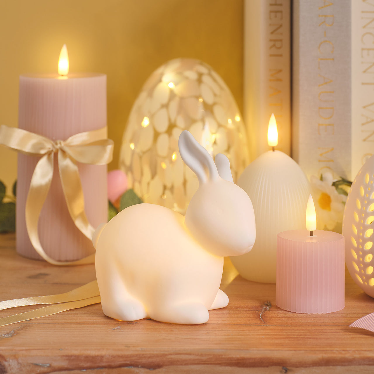 2er Set LED-Osterhasen aus Porzellan mit Timer