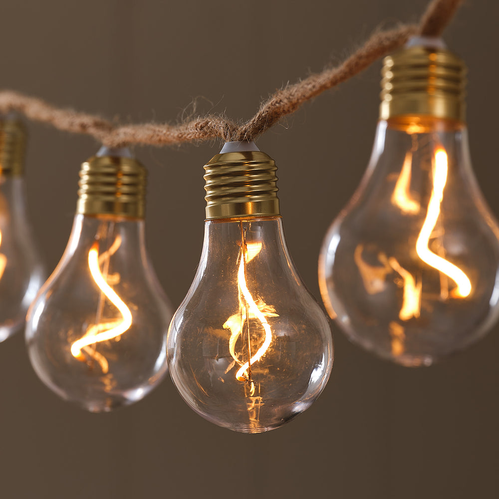 10er transparente Glühbirnen-LED-Lichterkette auf Naturseil mit Timer