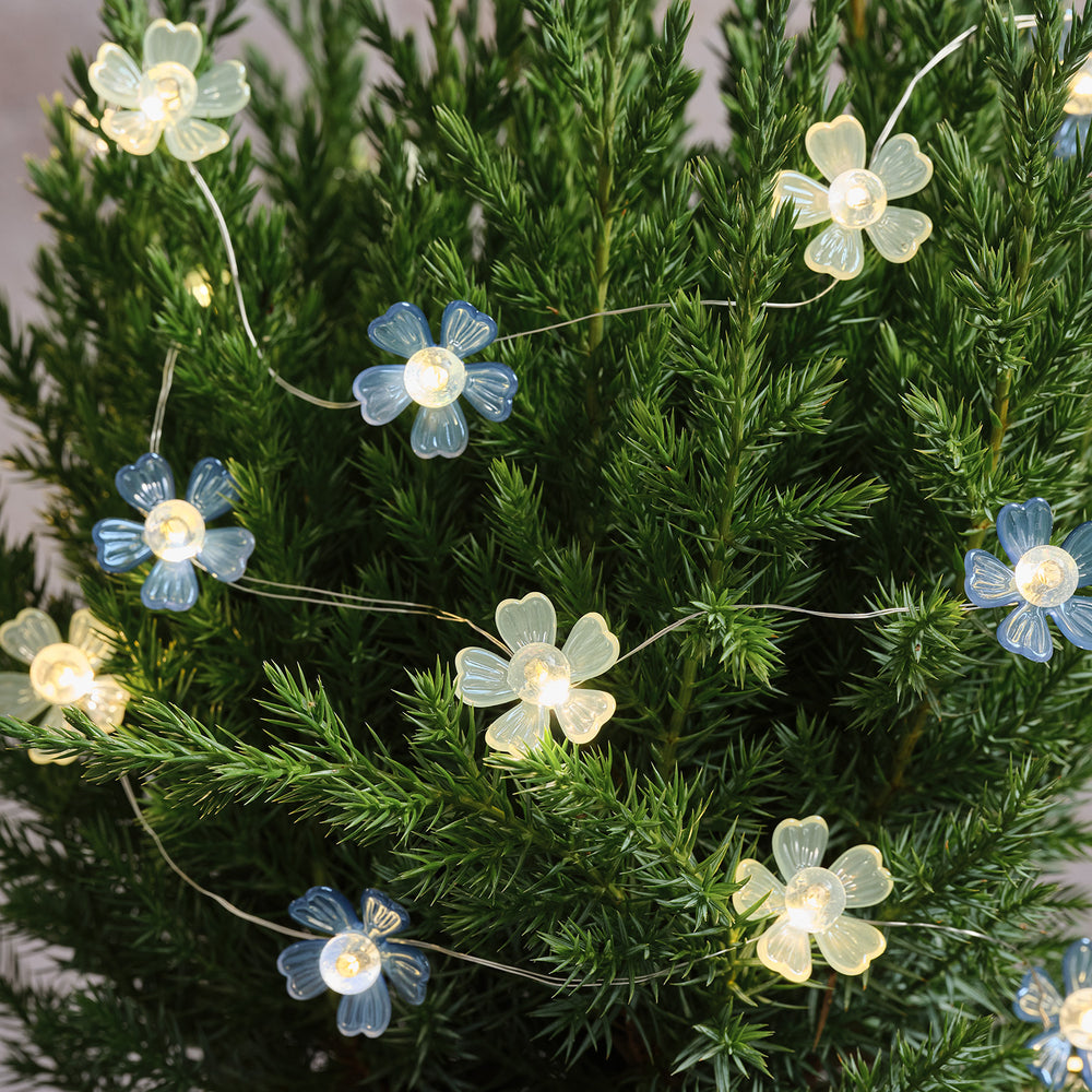 Blaue & weiße Mikro-LED-Blumenlichterkette Warmweiß mit Timer