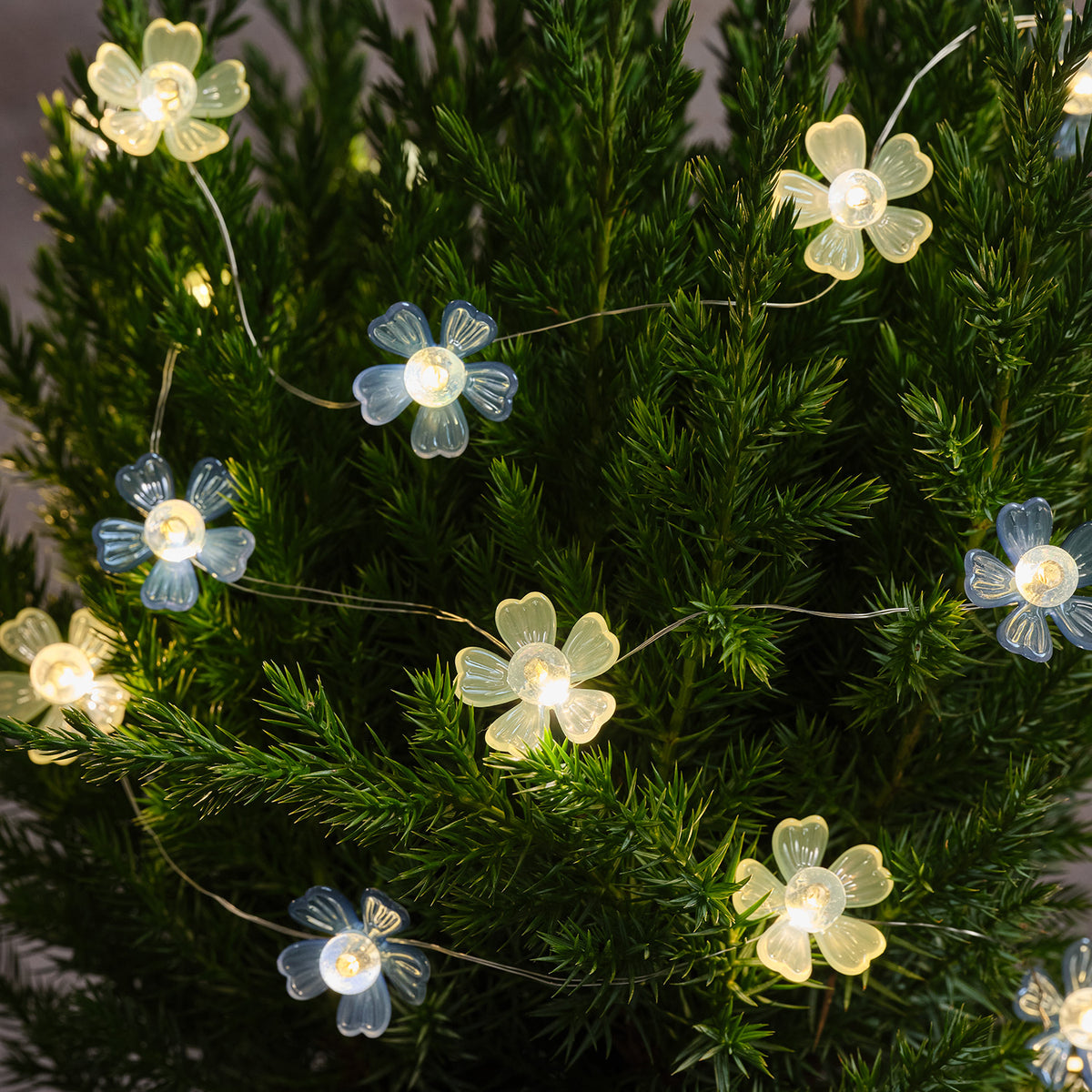 Blau-weiße Blumenlichterkette Mikro-LEDs warmweiß + Timer