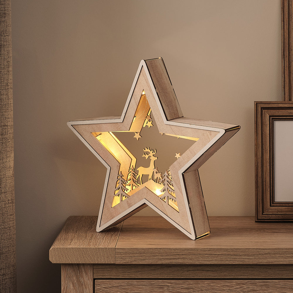 28 cm LED-Holzsilhouette Rentier unter Sternen in Warmweiß mit Timer