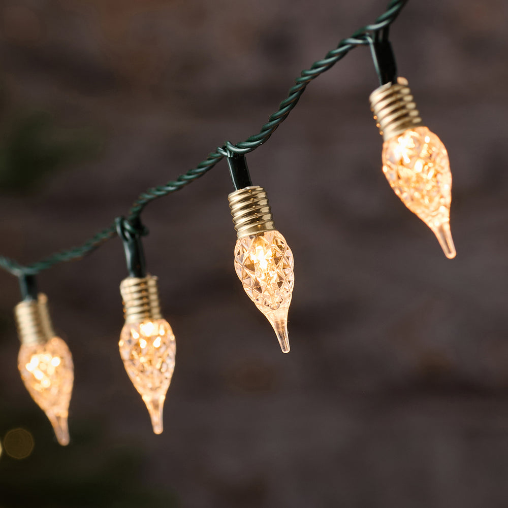 Warmweiße LED-Lichterkette außen mit 50 facettierten Tropfen und Timer-Funktion