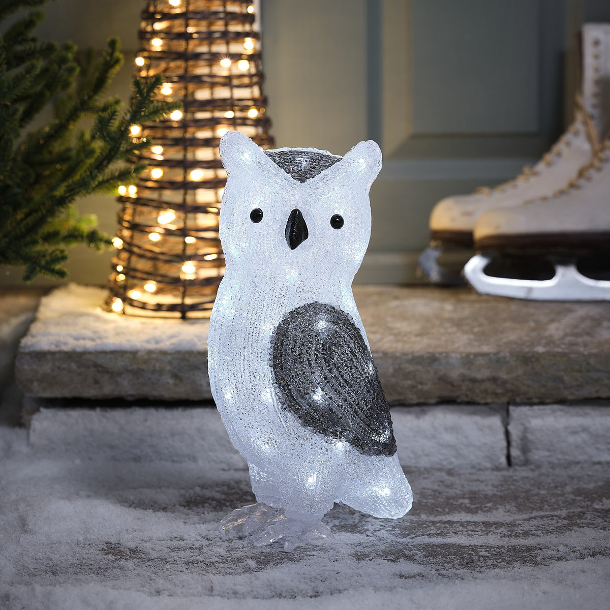 30cm LED Acryl Weihnachtsfigur außen Ollie die Eule mit zweifarbigen LEDs